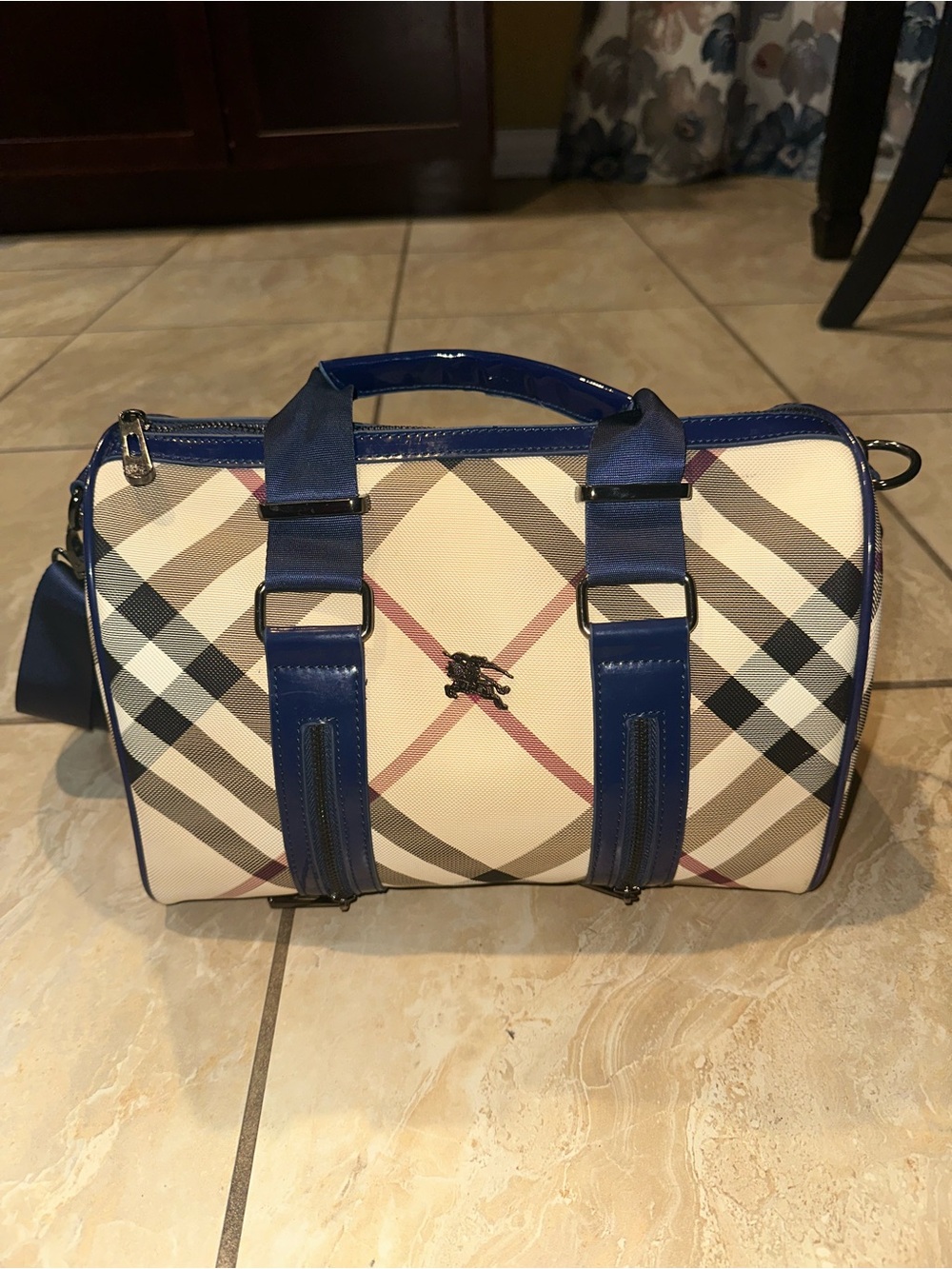 Vintage Navy Burberry Bicolor Nova Check Medium Bowling Tote Bag